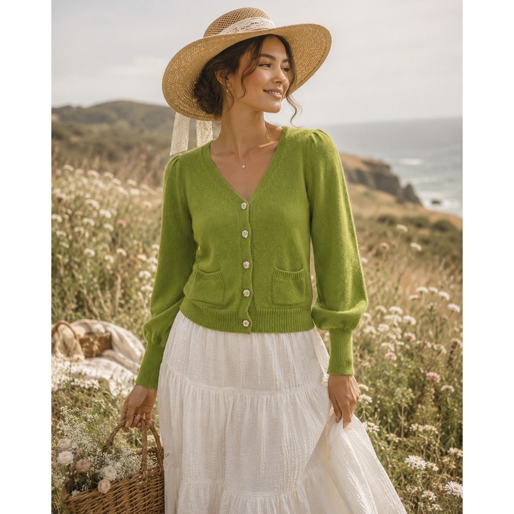 Lilly Pulitzer Vintage Lime Green Wool Blend Cardigan Sweater XS Y2K Preppy